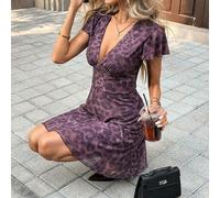 2026 Neuankömmling Frauen Leoparden-Muster transparentes Mesh Mini-Kleid - V-Ausschnitt Puffärmel geraffete Taille Lässig Büro Urlaubs Stil