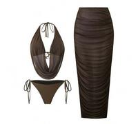 2026 Neue Frühling/Sommer 3 Stücke Damen Bademode Set Einfarbig, bestehend aus Kapuzen-Badeanzug, Badeshorts und Mesh-Maxikleid für Strandurlaub und L