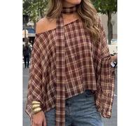 2026 Neues Damen-Top mit Fledermausärmeln im Karomuster, asymmetrischer Cape-Ausschnitt, halbtransparentes Chiffon-Material, braunes Karomuster, Neckh