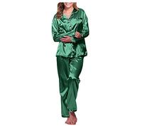 2026 Satin Damen Schlafanzug Set Reizvolle Nachtbekleidung Langes Frauen Nachthemd Robe Bequemer Pyjama (Green, L)