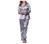 2026 Satin Damen Schlafanzug Set Reizvolle Nachtbekleidung Langes Frauen Nachthemd Robe Bequemer Pyjama (Silver, XXXL)