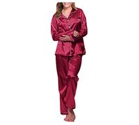 2026 Satin Damen Schlafanzug Set Reizvolle Nachtbekleidung Langes Frauen Nachthemd Robe Bequemer Pyjama (Red, XXL)