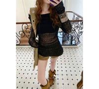 2026 Sommer Schwarzes transparentes Off-Shoulder Mini-Kleid - Elegant, rein, sexy, süß, lässig, Straße, Langarm, Rollkragen, transparentes gestricktes