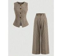 2026 Vintage karierter ärmelloser Blazer & Hosen Set - Hochtailliger Knopfdetail Chic vielseitiges Zweiteiler Set für Büro, Urlaub und Lässig