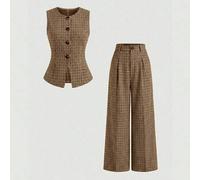 2026 Vintage karierter ärmelloser Blazer & Hosen Set - Hochtailliger Knopfdetail Chic vielseitiges Zweiteiler für Büro lässig Urlaub