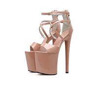 20CM/ 7.87IN Sexy Super High-Heeled Stiletto Lackleder Thick-Soled High-Heeled Schuhe Open-Toed Nachtclub Striptease Catwalk Party Plus Größe Sandalen,Beige,35 EU