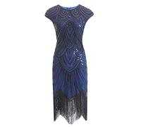 20er Jahre Kleid Cocktailkleid Damen, Glitzer Paillettenkleid Gatsby Kostüm Abendkleid Fransenkleid Runder Ausschnitt Vintage Kleider Karneval Party Outfit (Blau, M)