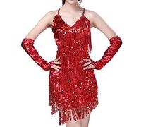 20er Jahre Kleid Damen Sexy Flapper Great Gatsby Charleston Fransenkleid Frauen Glitzer Pailletten 1920er Sling Mini Party Cocktail Abendkleid+Handschuhen Rave Pole Dance Outfit Rot Einheitsgröße
