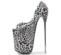 22 cm sexy Nachtclub-Pumps mit Super-High-Heels und Leopardenmuster, Plateau-Pumps mit Metall-Stiletto-Absätzen, offene Zehen-Slip-on-Pumps, Kleidschuhe für sexy Stripperinnen-Pole-Dance,Weiß,42