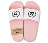 22Feels Badelatschen für Frauen & Damen - Geschenk zum 27. Geburtstag für Sommer & Urlaub - PVC, Pink-Weiß mit Lorbeerkranz Zahl 27 Gr. 40/41