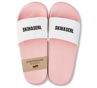 22Feels Badelatschen für Frauen & Damen - lustiges Geschenk für Sommer & Urlaub - aus PVC, Pink-Weiß mit Skihaserl Aufdruck Gr. 40/41