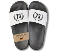 22Feels Badelatschen für Männer & Frauen - Geschenk zum 73. Geburtstag Siebzigster - PVC, Schwarz Weiß mit Lorbeerkranz Jahrgang, Gr 40/41