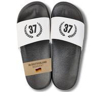 22Feels Badelatschen für Männer & Frauen - Lustiges Geschenk zum 37. Geburtstag - PVC, Schwarz-Weiß mit Lorbeerkranz & Zahl 37, Gr 40/41
