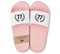 22Feels Badelatschen für Omas, Damen & Frauen - Geschenk zum 77. Geburtstag, Sommer & Urlaub - PVC, Pink Weiss mit Zahl 77 Lorbeerkranz Gr. 40/41