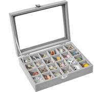 24 Fächer Schmuckkästchen, Schmuckschatulle Damen, 20x15x4.6 cm Schmuckkasten Graues Samt Schmuckbox Schmuckaufbewahrung für Ringe Ohrringe Halskette