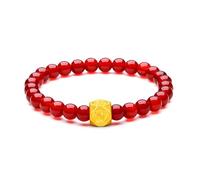 24K Gold Beaded Armband Roter Achat Gelbgold Chinesischer Lai Cai Charm | Edelstein Stretch Armbänder Heilung Schmuck für Damen Frau Mama Partner Geschenke Geburtstag Jahrestag 17cm