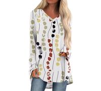 269 musselin longtops Damen lang t-Shirt mit witzigen sprüchen Blumen Druck V-Ausschnitt Langarm Bluse Casual Herbst Tops Boho hemdbluse(Yellow, S)