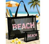 2D flaches Sommer-Stranddesign Strass-Muschel Stranddekoration Tragetasche, mit Regenschirm, Seestern, Palme und Wellenelementen, große Kapazität Stra