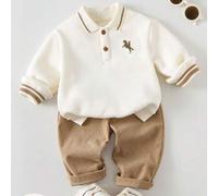 2er-Pack Baby Jungen süßer vielseitiger Lässig Polo Sweatshirt mit kleinem Muster und khakifarbene gerade geschnittene Hose ohne Streifen, bequem und