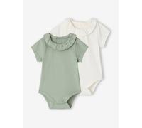 2er-Pack Baby Kurzarm-Bodys, Rüschenkragen salbeigrün Gr. 74 von vertbaudet