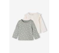 2er-Pack Baby Langarmshirts BASIC, Print & Uni mit Volants salbeigrün Gr. 74 von Vertbaudet