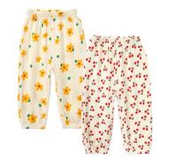 2er Pack Kinder Jungen Mädchen Pumphose Sommer Baumwoll Leinenhose Leichte Atmungsaktive Anti-Moskito Bloomers Cartoon Lässige Hose(Gelbe Blumen und Kirschen,130)