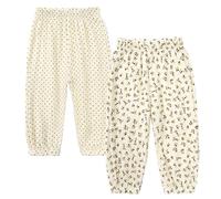 2er Pack Kinder Jungen Mädchen Pumphose Sommer Baumwoll Leinenhose Leichte Atmungsaktive Anti-Moskito Bloomers Cartoon Lässige Hose(Schwarze Flecken und Blätter,130)