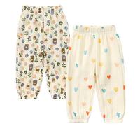 2er Pack Kinder Jungen Mädchen Pumphose Sommer Baumwoll Leinenhose Leichte Atmungsaktive Anti-Moskito Bloomers Cartoon Lässige Hose(Gras und Bunte Herzen,110)