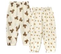 2er Pack Kinder Jungen Mädchen Pumphose Sommer Baumwoll Leinenhose Leichte Atmungsaktive Anti-Moskito Bloomers Cartoon Lässige Hose(Bären- und Tigerköpfe,140)