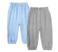2er Pack Kinder Jungen Mädchen Pumphose Sommer Baumwoll Leinenhose Leichte Atmungsaktive Anti-Moskito Bloomers Cartoon Lässige Hose(Blaue und Schwarze Streifen,140)