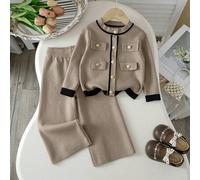 2er Set: 1 Stück Mädchen einfarbige Strick-Strickjacke mit Fake-Tasche und 1 Stück einfarbige Strick-Hose, geeignet für Alltag, Urlaub, Frühling, Herb