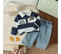 2er/Set Baby Jungen Lässig Marineblau und Weiß Gestreiftes Polohemd & Denim Jeans Herbst Schulanfang Preppy Page Boy Outfit Säugling Sportlich College