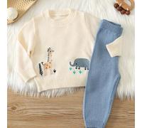 2er Set Baby Jungen & Mädchen Klassisch Süß Cartoon Giraffe & Elefant Muster Rundhals Langarm Pullover und Elastische Taille Lange Hose, Geeignet für