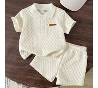 2er Set Baby Jungen Off-White Sommer Lässig Familien-Matching Outfits Lockerer Schnitt Knopf Rippen Polohemd mit elastischem Bund Shorts Set 3M-3T Kle