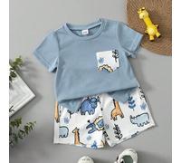 2er Set Baby Jungen Outfit Cartoon Bär verziertes Kragen Kurzarm Strickjacke & Hirsch Muster Shorts Hemd & Rippmaterial Kleidung Sommer