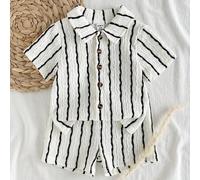 2er Set Baby Jungen Outfit Schwarz-Weiß kariert gestreift Kurzarm Hemd mit Knöpfen und Shorts Sommer Lässig Urlaub strukturierte Säuglingskleidung