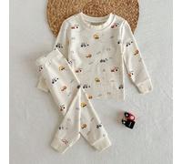 2er Set Baby Jungen Pyjama Set, Cartoon Auto Muster weiche Strick Baumwolle Schlafanzug für Kleinkinder, Beige süß Herbst Langarm Winter Top und lange