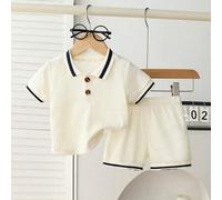 2er Set Baby Jungen Sommer Outfit Marineblau und Weiß Kragen Kurzarm Polohemd & passende Shorts Set Sanft Minimalistisch Lässig Familien-Matching Klei