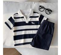 2er/Set Baby Jungen süßes lässiges Preppy vielseitiges gestreiftes Strick-Poloshirt & weiße Shorts Outfit, geeignet für Geburtstagsparty, Abendparty,