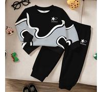 2er Set Baby Jungen Sweatshirt Jogginghose süß Schwarz Grau Wellen Patchwork Stern Muster Langarm Rundhals Outdoor Herbst Jogging gemütlich Avengers s