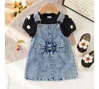 2er Set Baby/Kleinkind (Mädchen) Süß & Cool Niedlich einfarbiges Kurzarm-Top & Jeans-Latzkleid, leicht für Frühling/Sommer