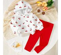 2er Set Baby Mädchen 0-3J Süßer Kirschen-Muster Hoodie Sweatshirt und Leggings Set Weiß und Rot Herbst Niedlich Urlaub Lässig Schick Modisch Hauskleid