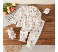 2er Set Baby Mädchen Langarm Herbst/Winter Strickjacke Top und Hose Hauskleidung, gewebter Stoff, süßes Kaninchen & Schleifen Muster Rundhals Baumwoll