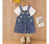2er Set Baby Mädchen süß & cool niedliches lässiges einfarbiges Kurzarm-Top & Blumen besticktes Latzkleid, dünn Frühling/Sommer minimalistisch Urlaub