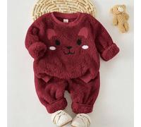 2er/Set Baby Mädchen süßes Cartoon Tier Thermisch gefütterter Sweatshirt & Plüsch Winterhose warmes Outfit, Herbst Feiertag Burgunder Kaninchen Pyjama