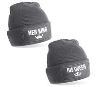 2er Set Beanie Strickmütze mit Spruch | Her King & his Queen | grau | Unisex SoftTouch angenehm weiche und warme Wintermütze | OneSize Einheitsgröße für Erwachsene