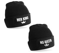 2er Set Beanie Strickmütze mit Spruch | Her King & his Queen | schwarz | Unisex SoftTouch angenehm weiche und warme Wintermütze | OneSize Einheitsgröße für Erwachsene