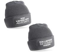 2er Set Beanie Strickmütze mit Spruch | Ich liefere den Alkohol und ich die dummen Ideen | grau | Unisex SoftTouch angenehm weiche und warme Wintermütze | OneSize Einheitsgröße für Erwachsene