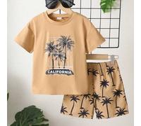 2er/Set Bequemes Grafik-Raglan-Top & gestreifte Shorts für Kleine Jungen, Sommer Strandurlaub lässiges modisches Outfit für Frühling/Sommer Outdoor-Sp