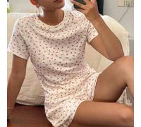 2er Set Damen bequemer Rundhals-Cardigan mit Drop-Shoulder, Kurzarm und elastischem Bund, Shorts mit Taschen, süßes Homewear-Set mit Rosenmuster, geei